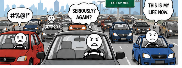 Cartoon traffic jam on the Van Wyck Expressway
